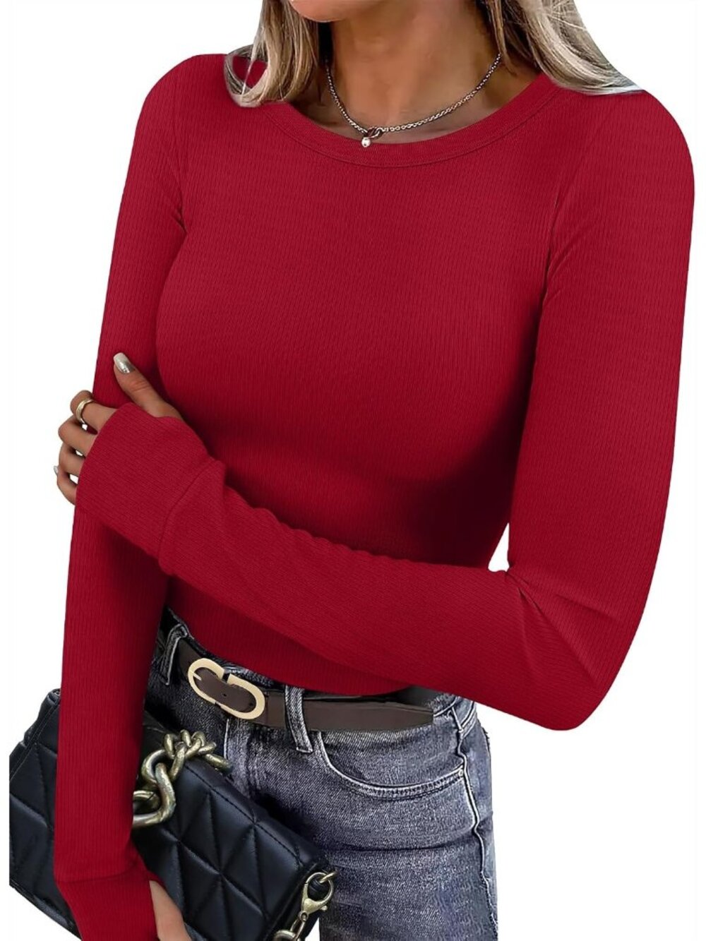 Women's Red Crewneck Basic Long Sleeve Thermal Shirt Fleece Slim Fit Tops